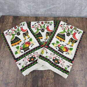 Vintage Linen Cloth Pennsylvania Dutch Folk Aer Tea Towels Bundle of 3 Colorful